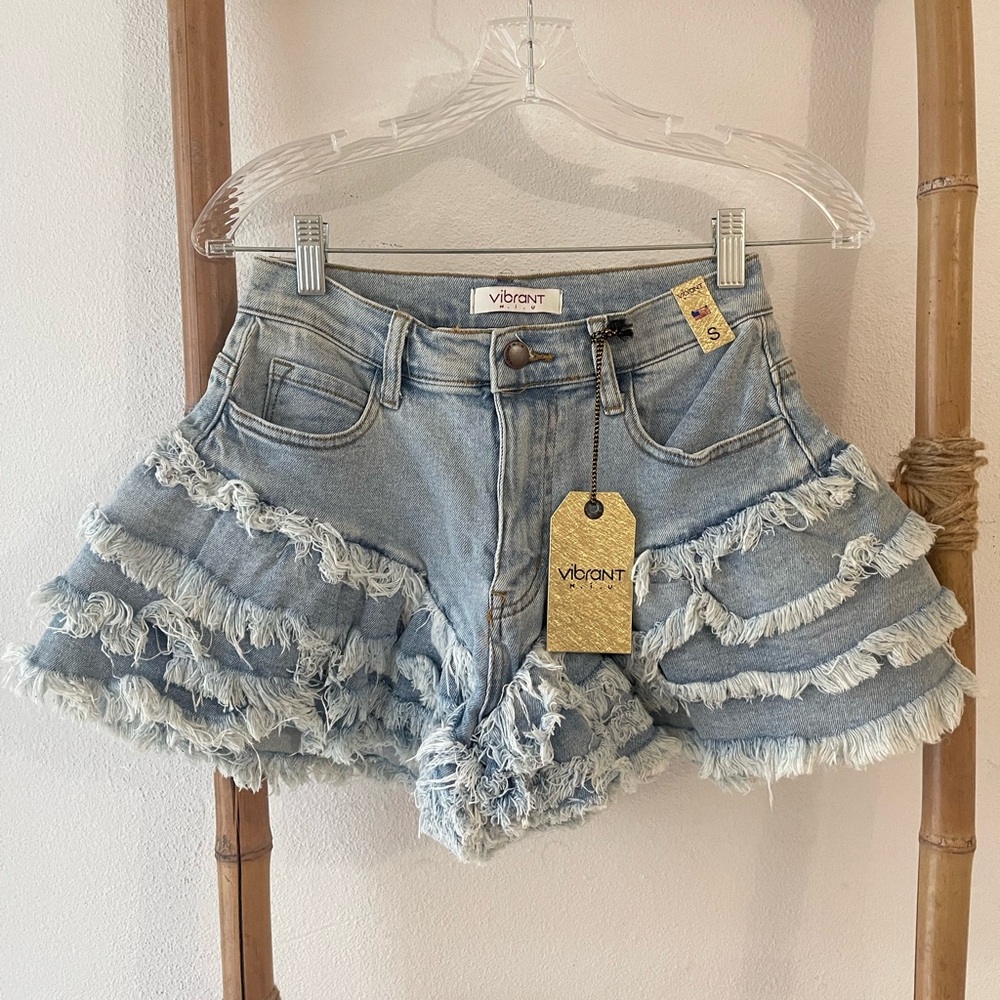 🔥 VIBRANT High Rise Light Blue Denim Shorts – Size S 🔥